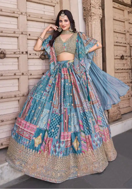Zeel Queen Chinnon Silk Skyblue  Color Designer Lehenga Choli Wholesale 2025