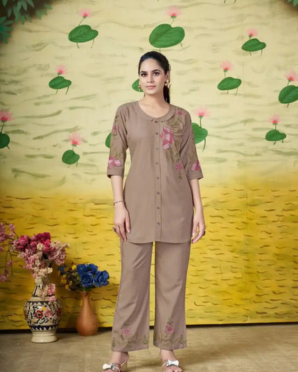Lila Vol 18 Rayon Co Ord Set Western Khaki Color Design With  Embroidery Collection