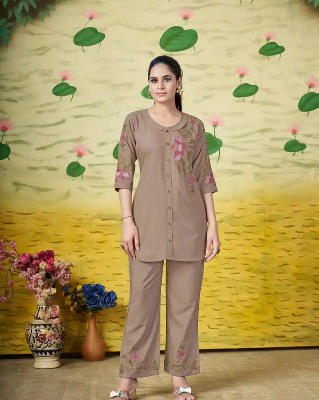 Lila Vol 18 Rayon Co Ord Set Western Khaki Color Design With  Embroidery Collection