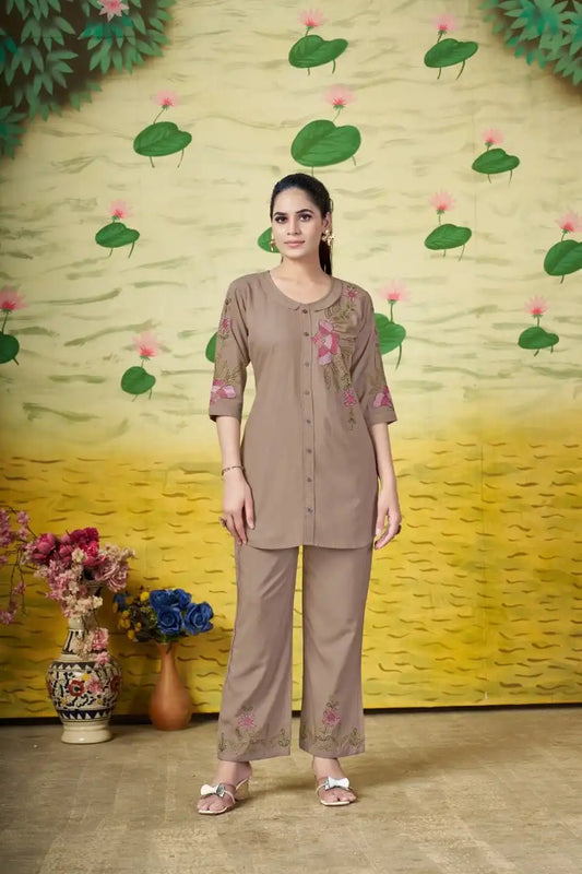 Lila Vol 18 Rayon Co Ord Set Western Khaki Color Design With  Embroidery Collection