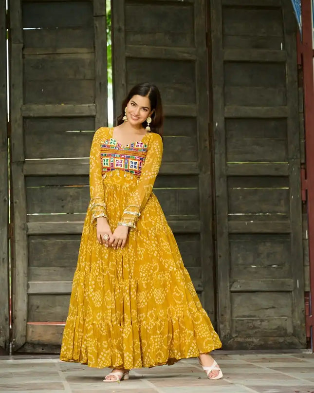Moni 1195 Yellow Color Bandhani Printed Gown Navratri Collections 2025