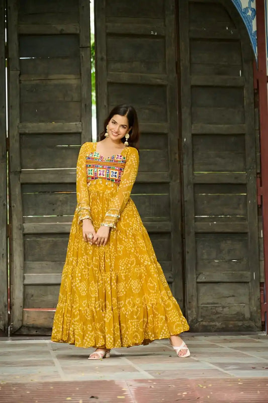 Moni 1195 Yellow Color Bandhani Printed Gown Navratri Collections 2025