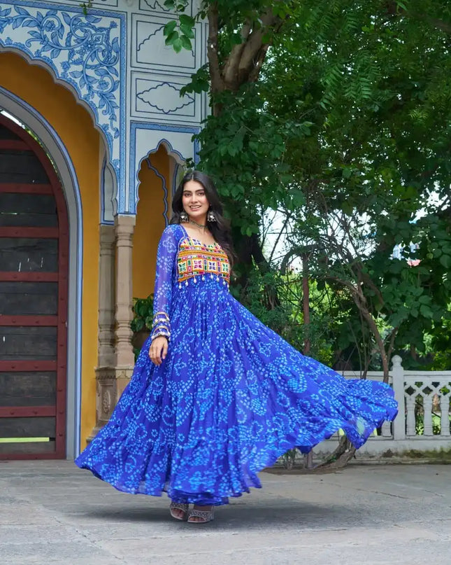 Moni 1195 Blue Color  Bandhani Printed Gown Navratri Collections 2025