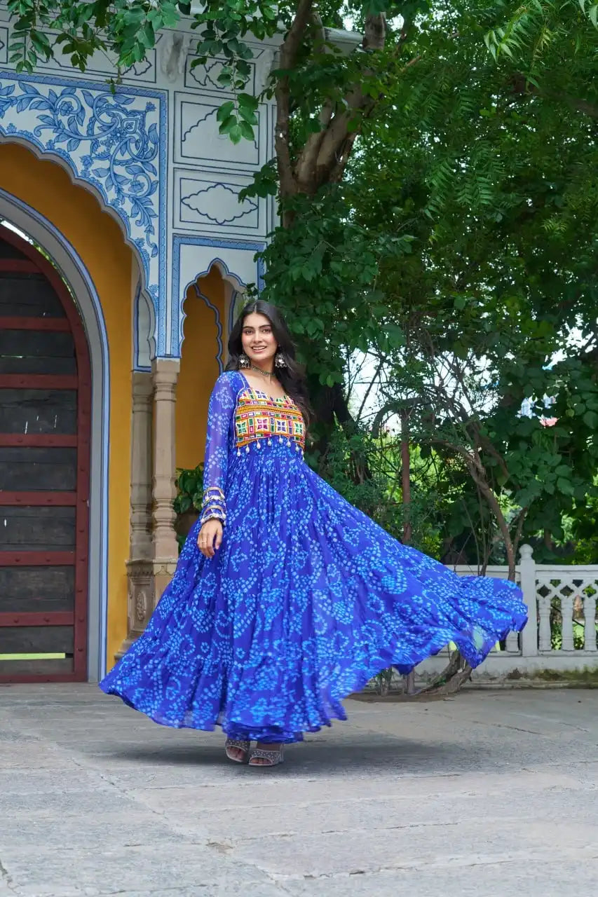 Moni 1195 Blue Color  Bandhani Printed Gown Navratri Collections 2025