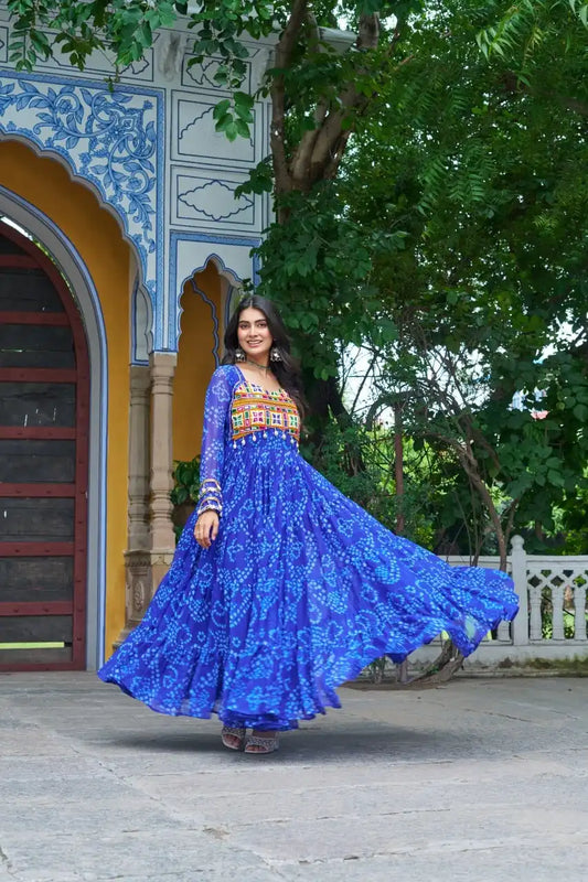 Moni 1195 Blue Color  Bandhani Printed Gown Navratri Collections 2025