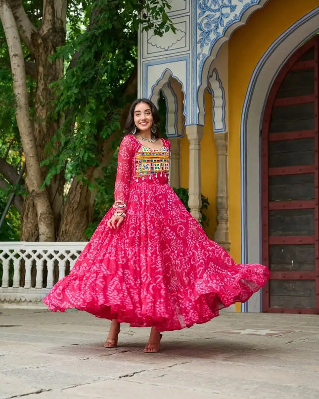 Moni 1195 Pink Color Bandhani Printed Gown Navratri Collections
