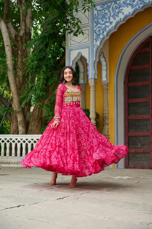 Moni 1195 Pink Color Bandhani Printed Gown Navratri Collections