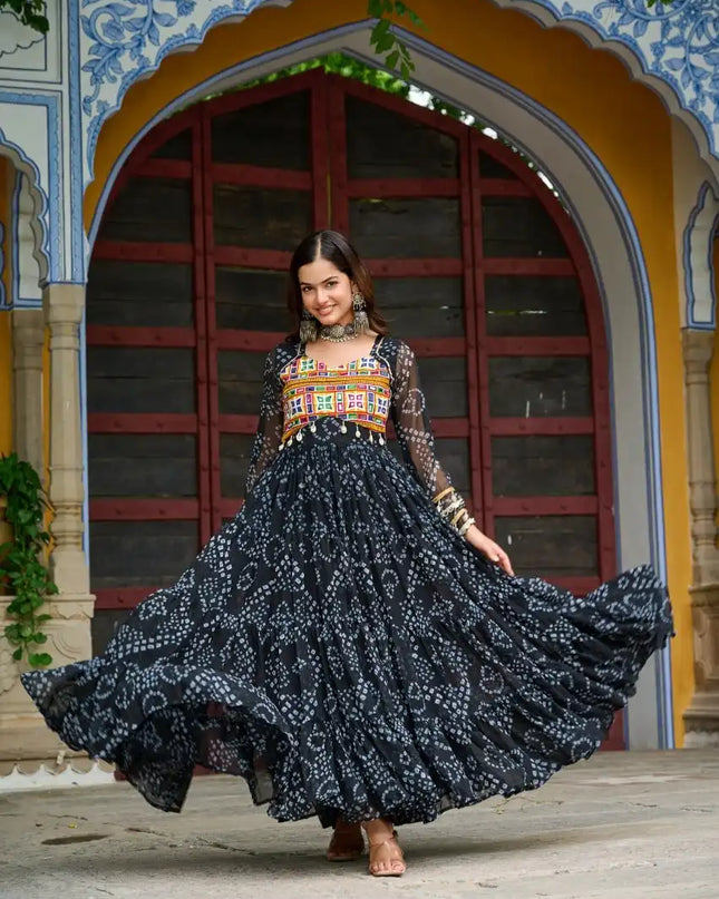 Moni 1195 Black Color Bandhani Printed Gown Navratri Collections 2025