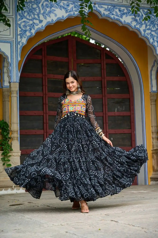 Moni 1195 Black Color Bandhani Printed Gown Navratri Collections 2025