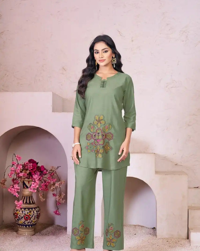 Lila Vol 19 Rayon Cotton Co Ord Set With Embroidery Work
