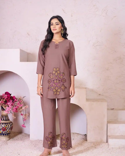 Lila Vol 19 Rayon Cotton Taupe Color Co Ord Set With Thread Work