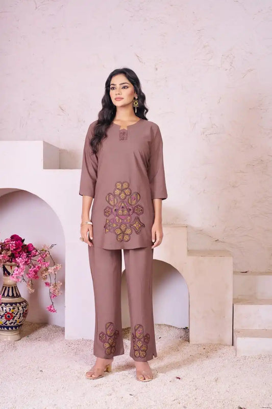 Lila Vol 19 Rayon Cotton Taupe Color Co Ord Set With Thread Work
