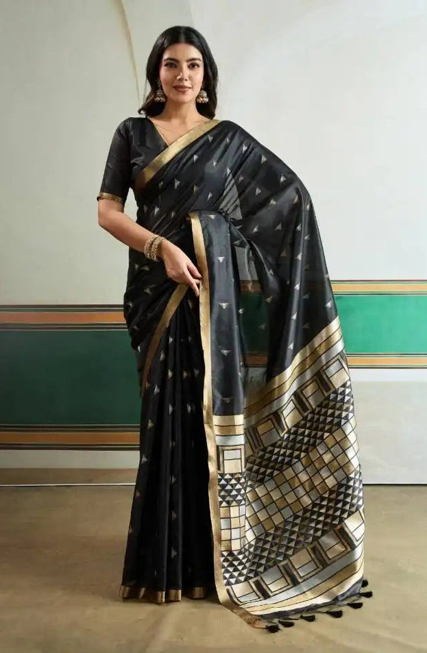 Rajtex Kanoi Ikkat Handloom Waving Silk Saree Online Black