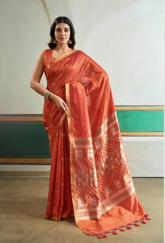 Rajtex Kanoi Ikkat Handloom Waving Silk Saree Online  Salmon