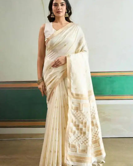Rajtex Kanoi Ikkat Handloom Waving Silk Saree Online Cream