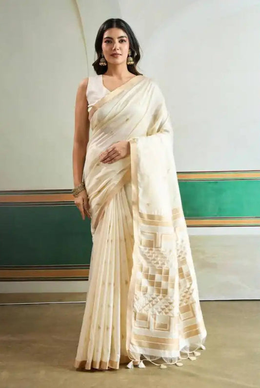 Rajtex Kanoi Ikkat Handloom Waving Silk Saree Online Cream