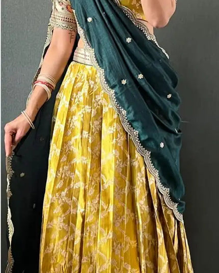 Vally 48 Yellow Color Tissue Cotton Silk South Style Lehenga Choli Onam Collection