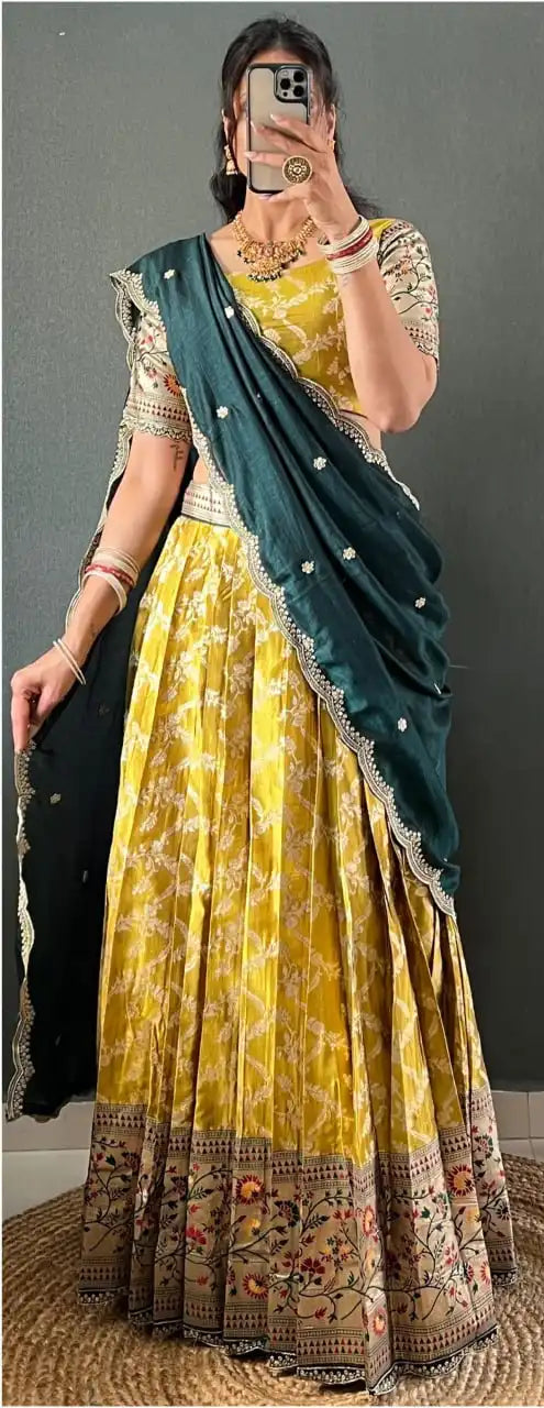 Vally 48 Yellow Color Tissue Cotton Silk South Style Lehenga Choli Onam Collection