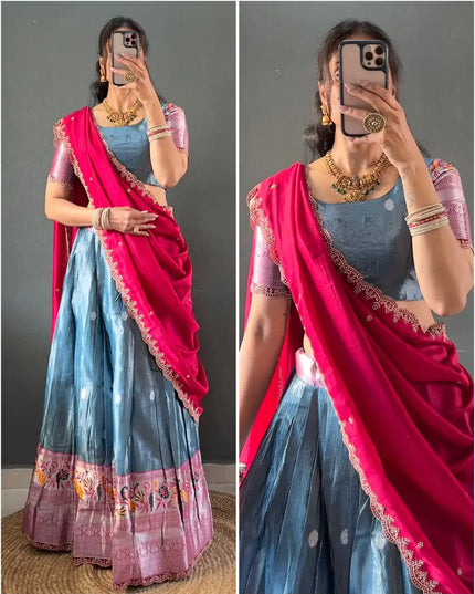Vally 48 Grey Color Tissue Cotton Silk South Style Lehenga Choli Onam Collection