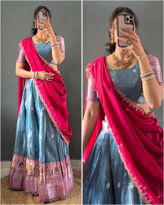 Vally 48 Grey Color Tissue Cotton Silk South Style Lehenga Choli Onam Collection