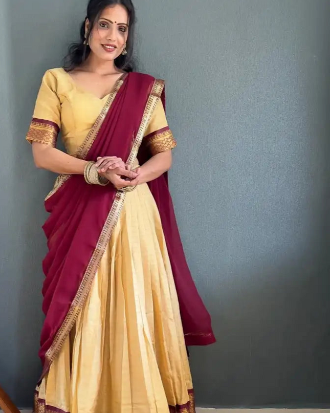 Vally Vol 46 Yellow Cotton Silk Lehenga Choli Onam Festival Collection