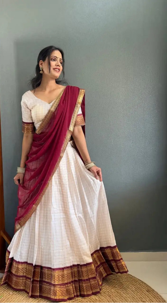 Vally Vol 46 White Color Cotton Silk Lehenga Choli Onam Festival Collection