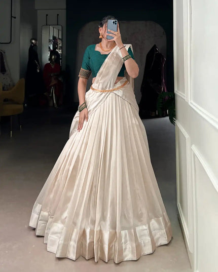 WMN 2030 White Green Poly Tasar Lehenga Choli Onam Collection 2025