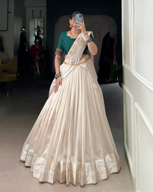 WMN 2030 White Green Poly Tasar Lehenga Choli Onam Collection 2025