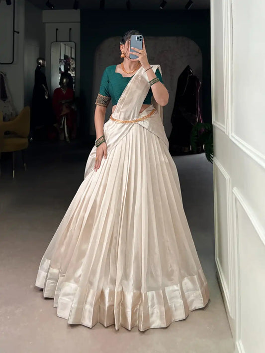 WMN 2030 White Green Poly Tasar Lehenga Choli Onam Collection 2025