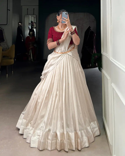 WMN 2030 White Red Poly Tasar Lehenga Choli Onam Collection