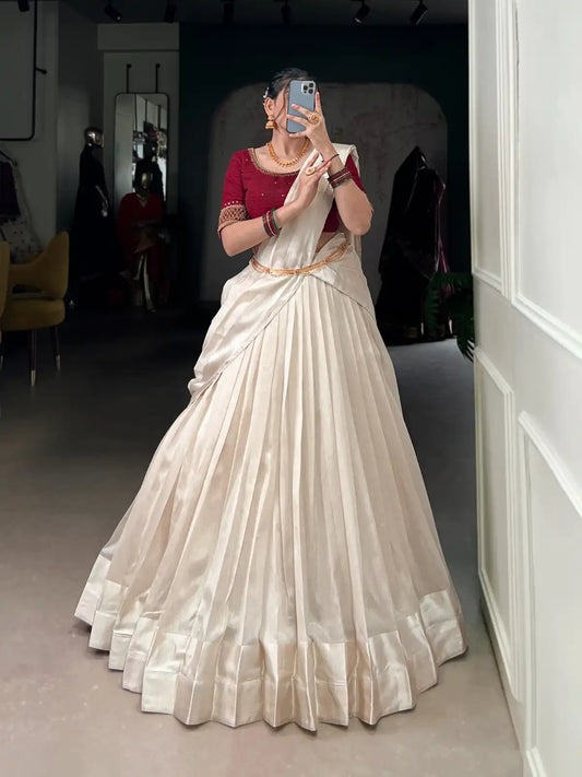 WMN 2030 White Red Poly Tasar Lehenga Choli Onam Collection