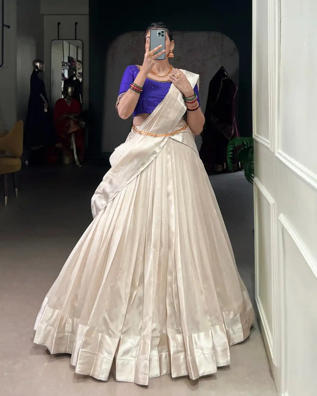WMN 2030 White Blue Poly Tasar Lehenga Choli Onam Collection