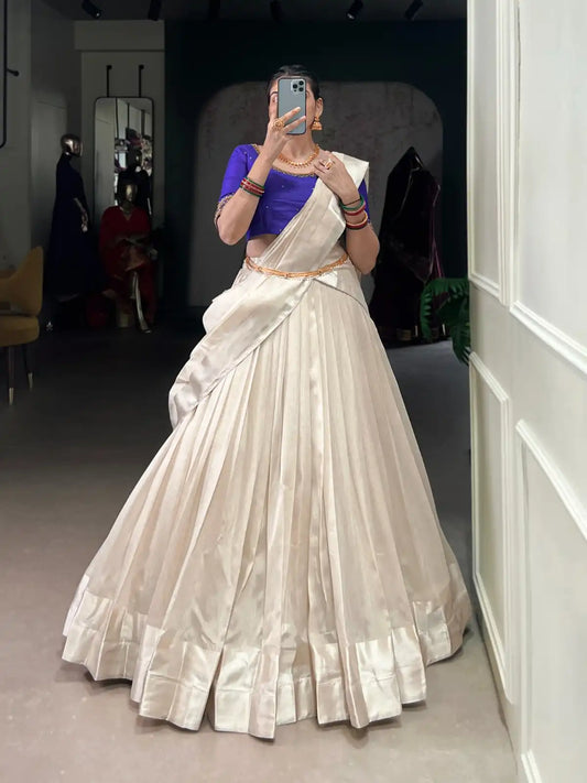 WMN 2030 White Blue Poly Tasar Lehenga Choli Onam Collection