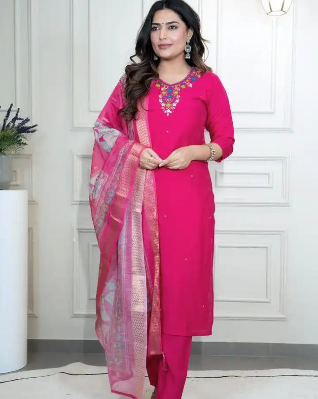 KR 377 Roman Silk Parrot Kurti Pant Dupatta With Hand Work