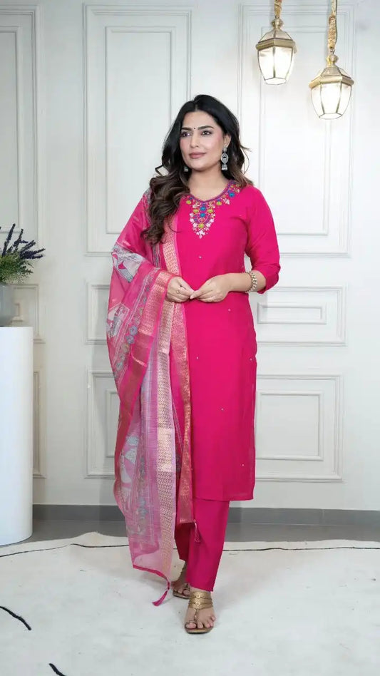 KR 377 Roman Silk Parrot Kurti Pant Dupatta With Hand Work