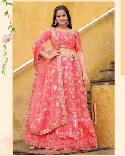 Zeel Vol 17055 Peach Slub Silk Lehenga Choli With Embroidery Work