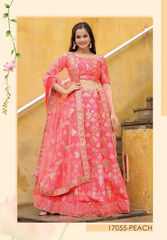 Zeel Vol 17055 Peach Slub Silk Lehenga Choli With Embroidery Work