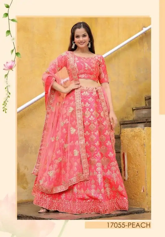 Zeel Vol 17055 Peach Slub Silk Lehenga Choli With Embroidery Work