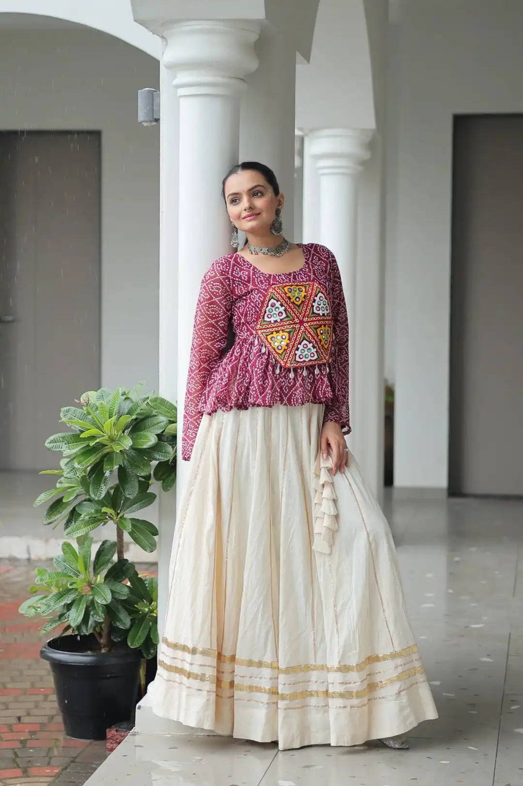 Moni 1185 White Maroon Cotton Navratri Lehenga Choli Collection