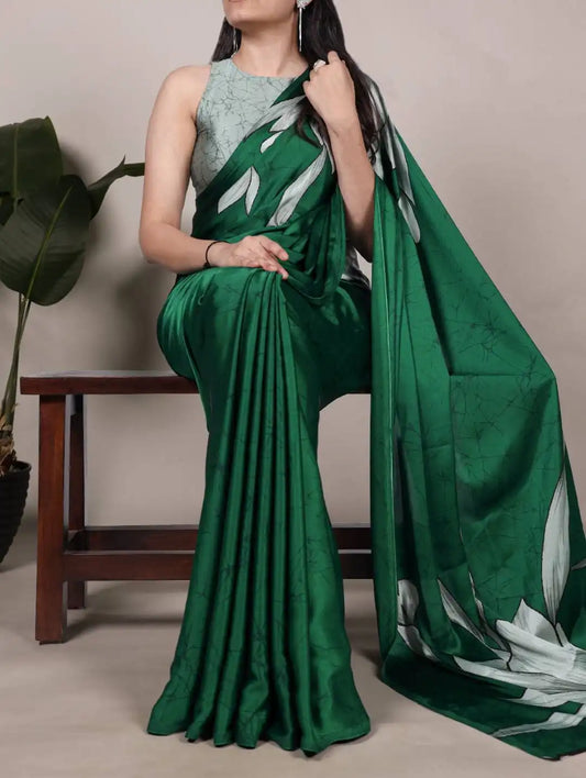 WMN 7054 Satin Silk Digital Printed Saree Collection Forestgreen
