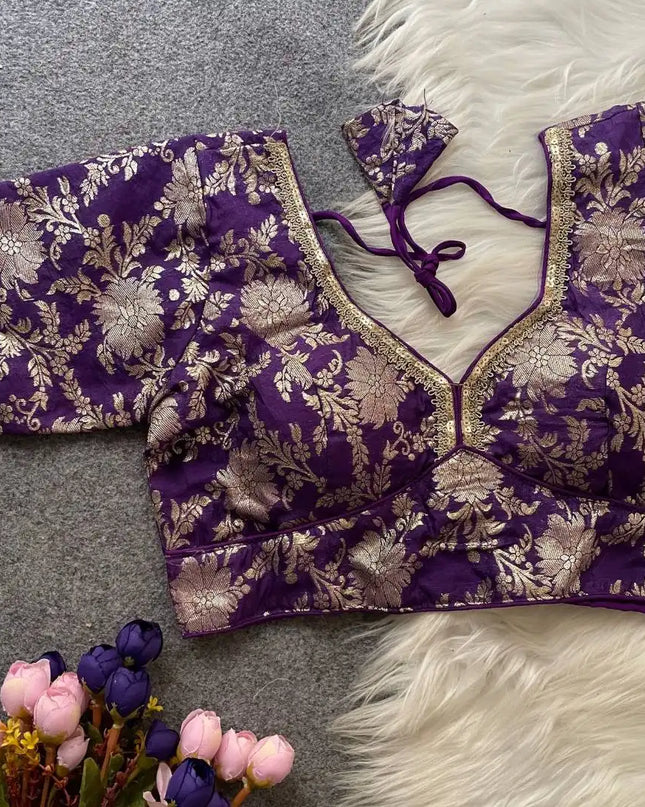 Ruhi Vol 45 Party Wear Eggplant Color Dola Silk Blouse With Sequence Lace