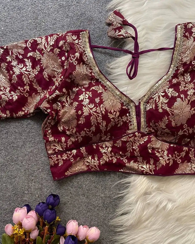Ruhi Vol 45 Party Wear Maroon Color Dola Silk Blouse With Sequence Lace