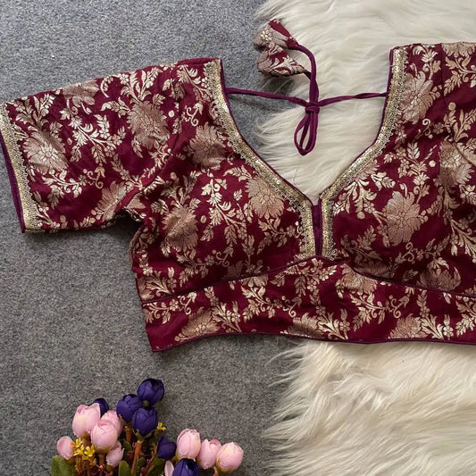 Ruhi Vol 45 Party Wear Maroon Color Dola Silk Blouse With Sequence Lace