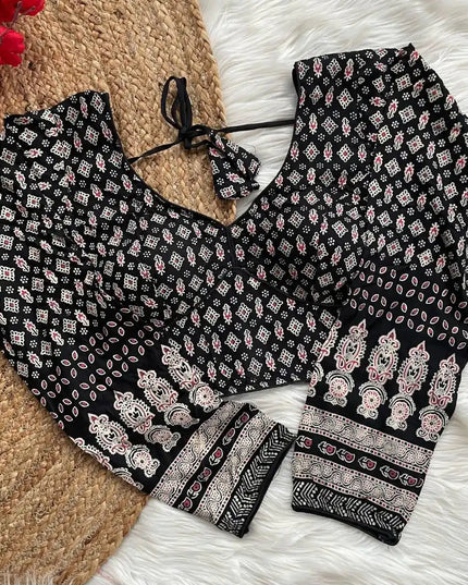 Ruhi Vol 54 Ajrakh Cotton long  Black Sleeve Blouse