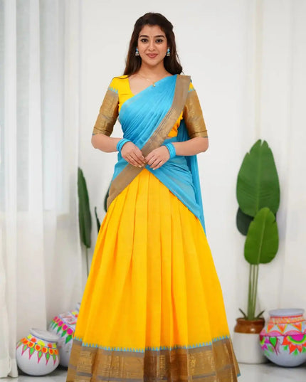 Vally Vol 90 Yellow Cotton Silk South Style Half Lehenga Saree