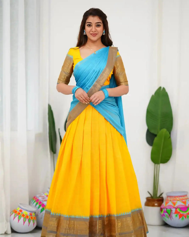 Vally Vol 90 Yellow Cotton Silk South Style Half Lehenga Saree