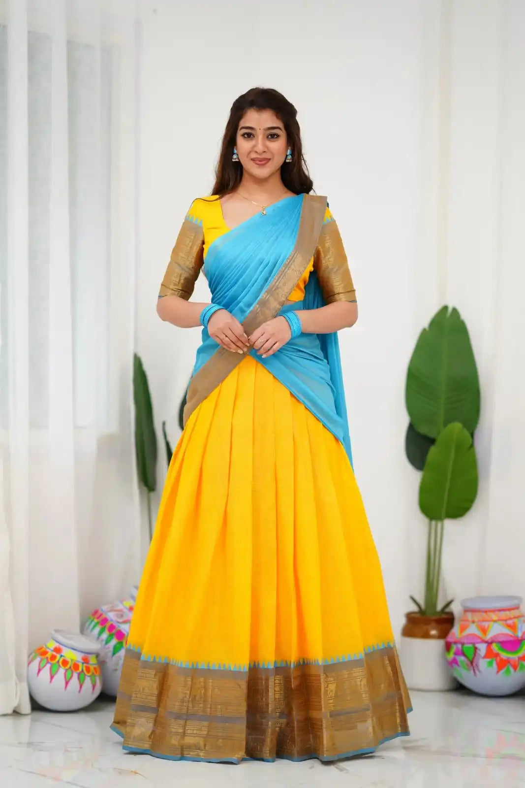 Vally Vol 90 Yellow Cotton Silk South Style Half Lehenga Saree
