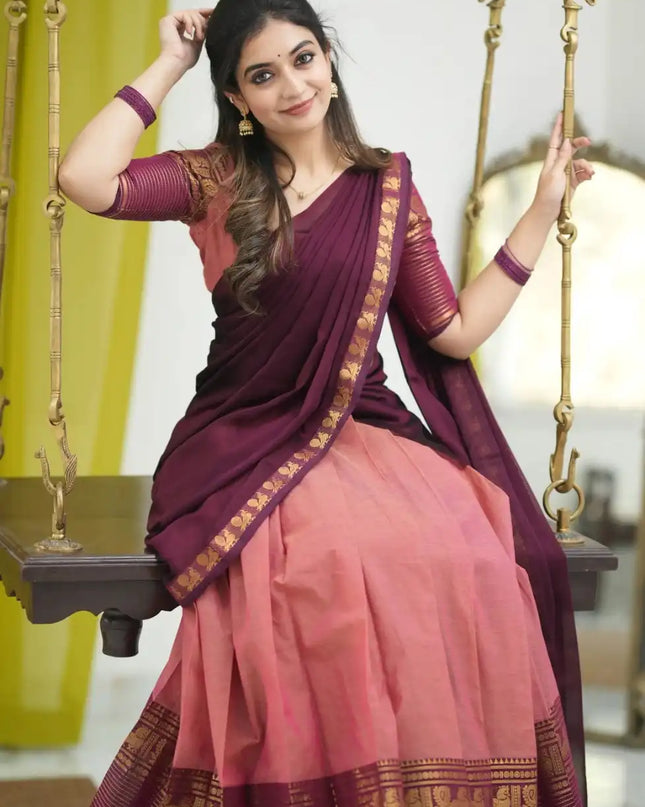 Vally Vol 93 Peach Cotton Silk South Style Half Lehenga Saree