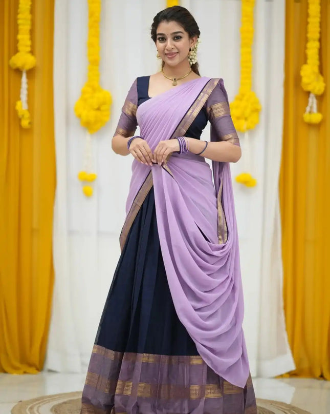Vally Vol 95 Navy Blue Cotton Silk South Style Half Lehenga Saree