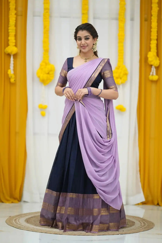 Vally Vol 95 Navy Blue Cotton Silk South Style Half Lehenga Saree